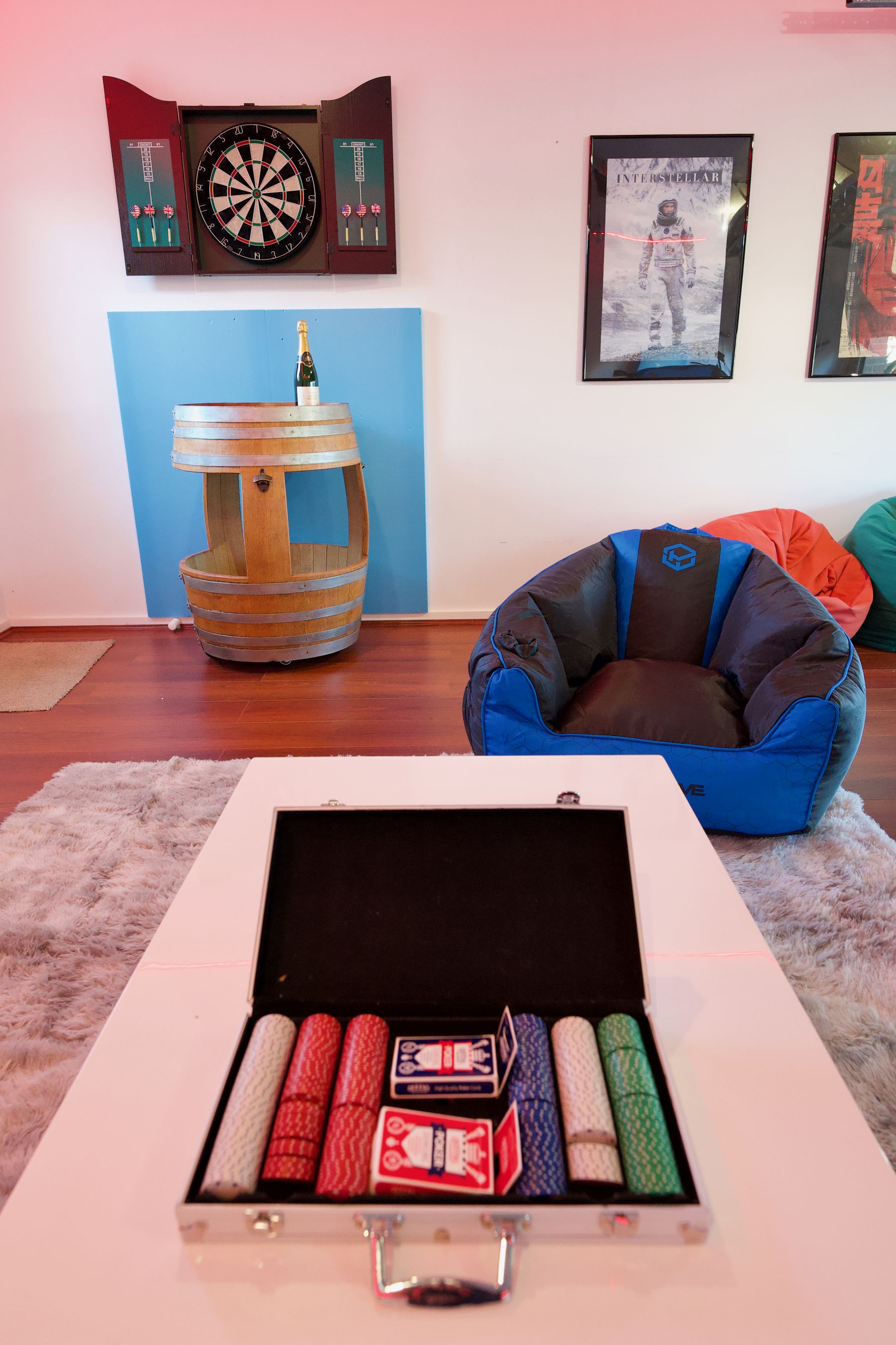 Poker set laid out on the coffee table