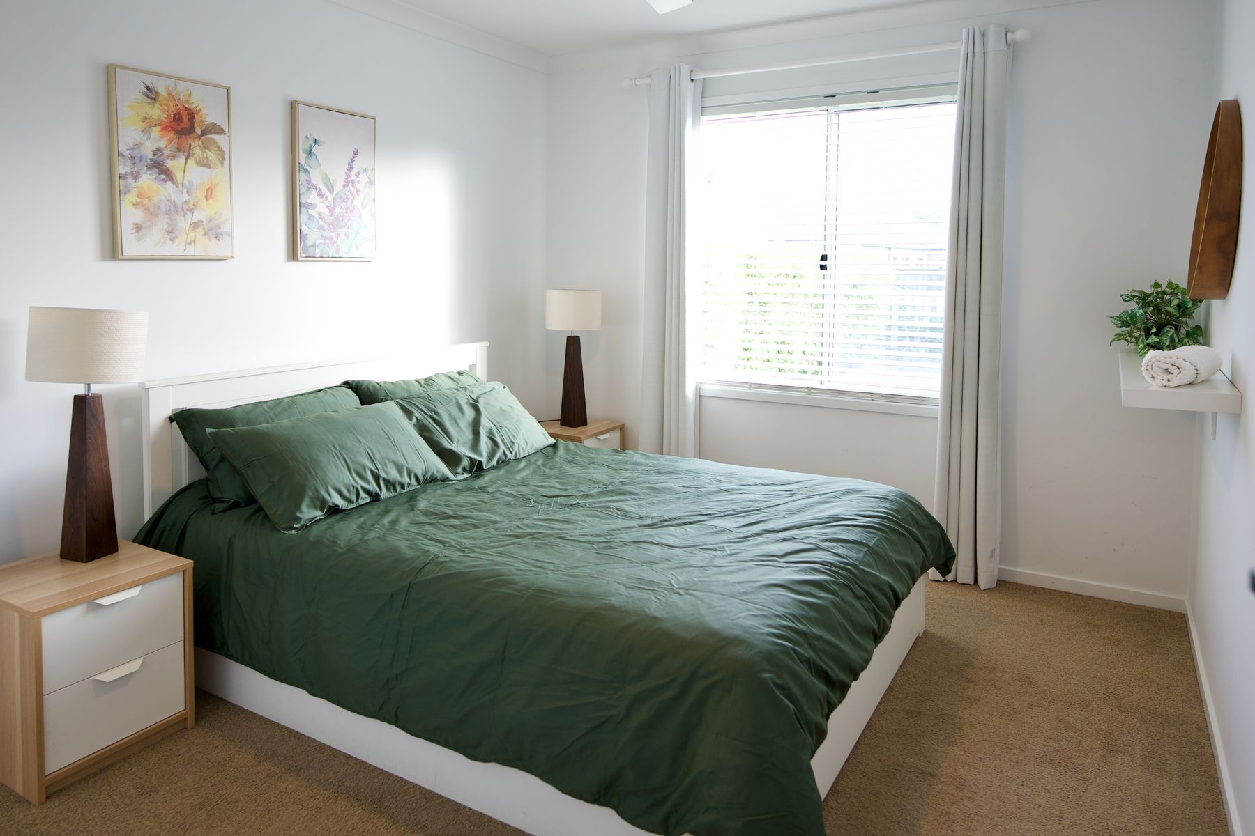 Bedroom with sage green linen