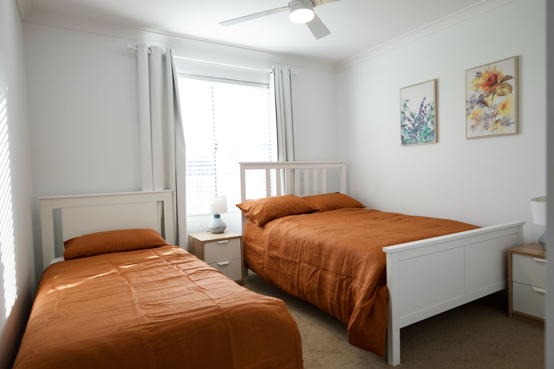 Bedroom with warm, muted linen