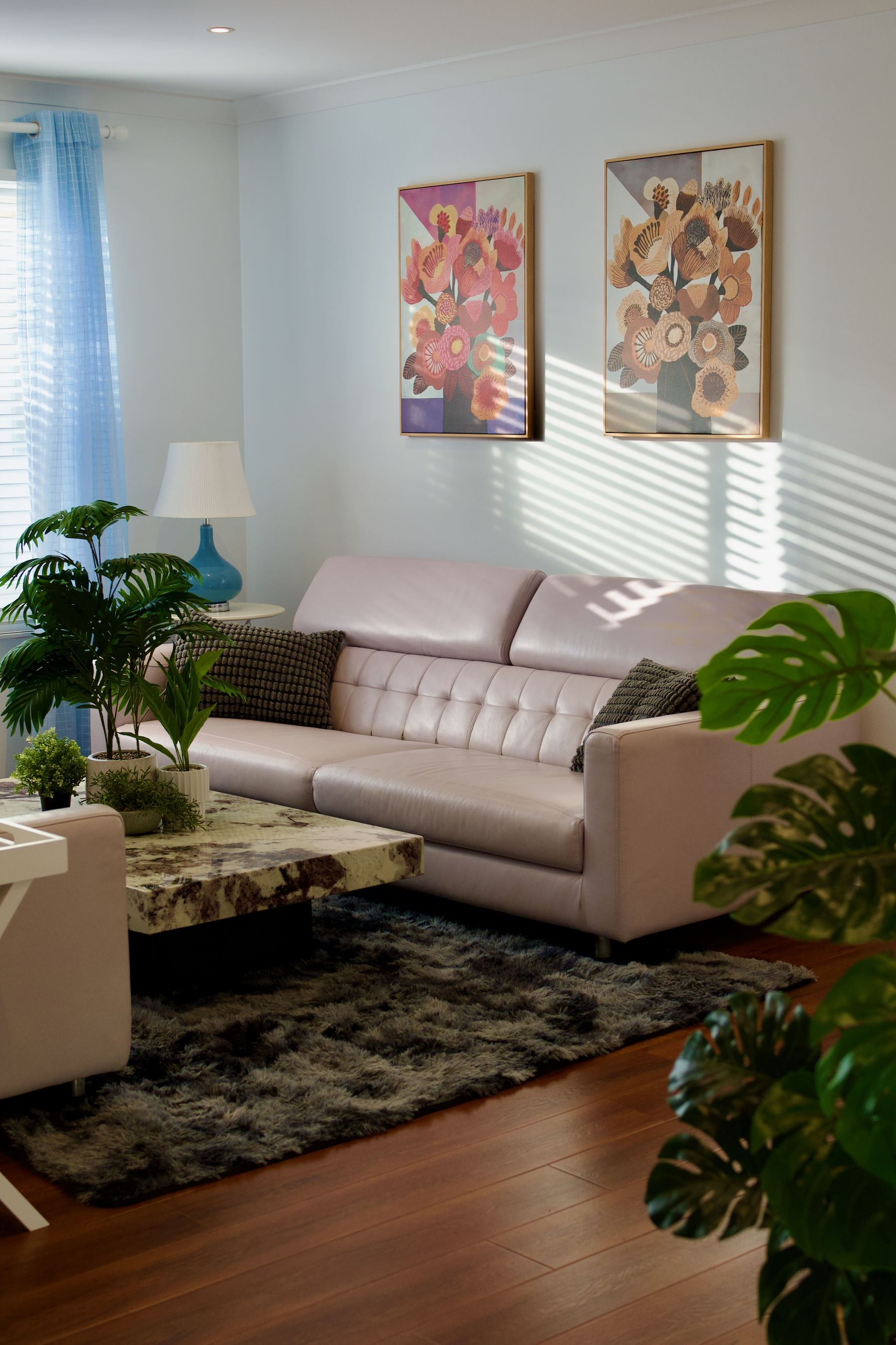 Living room corner with cushions and plants